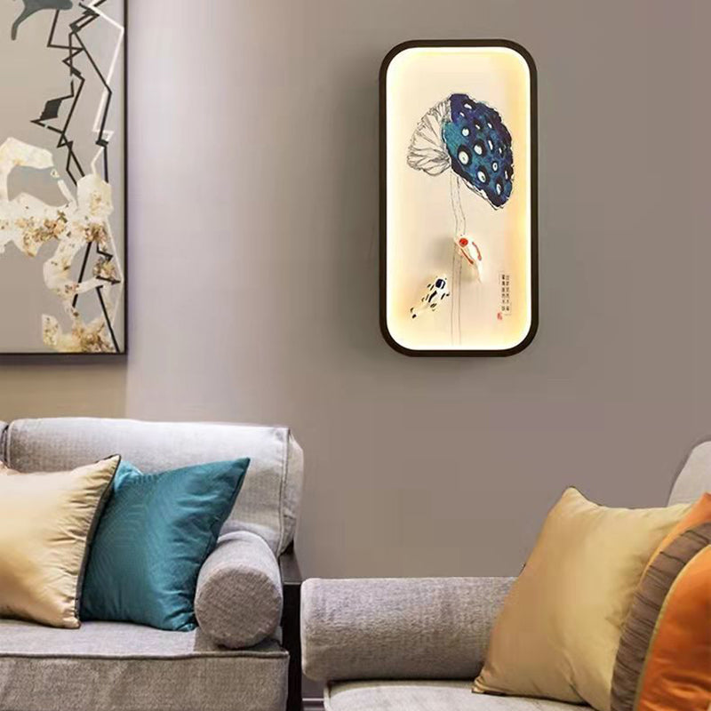 Traditionelle chinesische Lotusblatt-Pflaumenblüten-Eisen-Acryl-LED-Wandleuchte für Wohnzimmer 