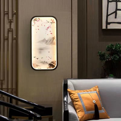 Traditionelle chinesische Lotusblatt-Pflaumenblüten-Eisen-Acryl-LED-Wandleuchte für Wohnzimmer 