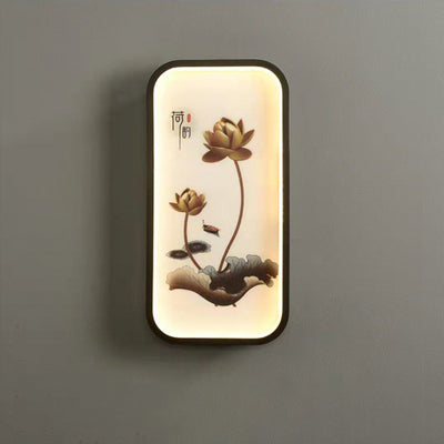 Traditionelle chinesische Lotusblatt-Pflaumenblüten-Eisen-Acryl-LED-Wandleuchte für Wohnzimmer 