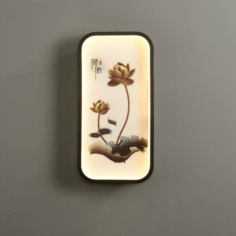 Traditionelle chinesische Lotusblatt-Pflaumenblüten-Eisen-Acryl-LED-Wandleuchte für Wohnzimmer 