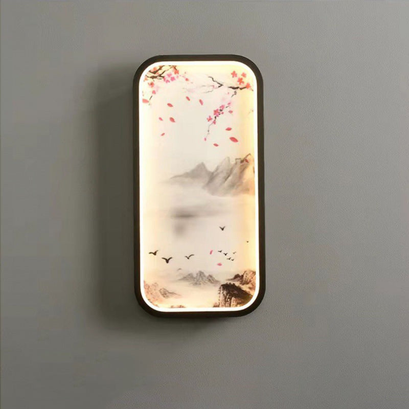 Traditionelle chinesische Lotusblatt-Pflaumenblüten-Eisen-Acryl-LED-Wandleuchte für Wohnzimmer 