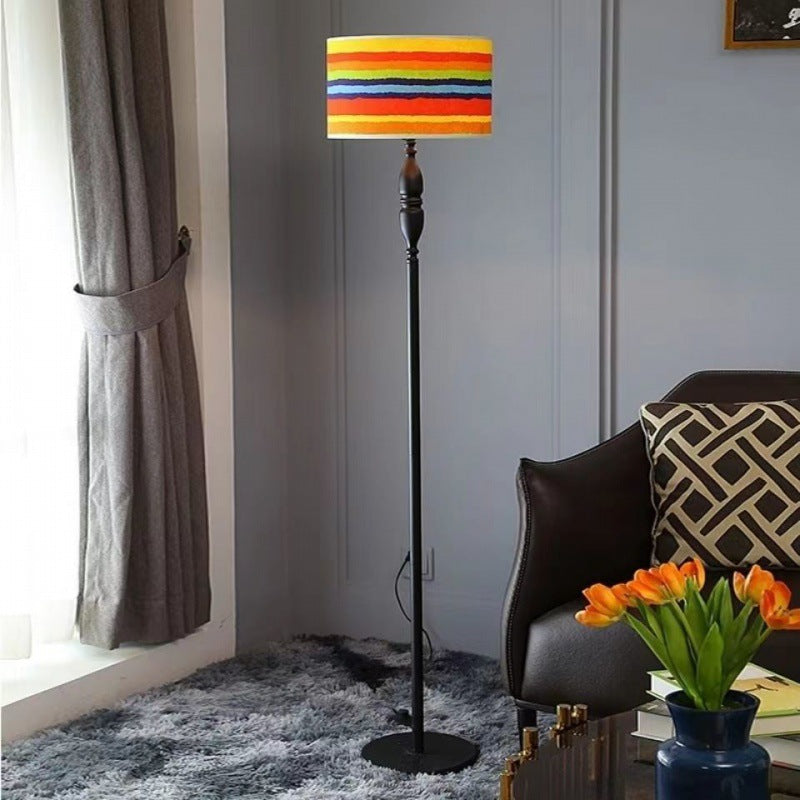 Traditional Vintage Fabric Cylinder Shade Iron Base 1-Light Standing Floor Lamp For Living Room