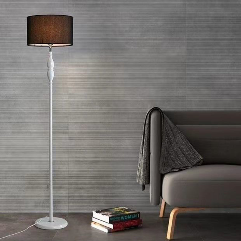 Traditional Vintage Fabric Cylinder Shade Iron Base 1-Light Standing Floor Lamp For Living Room