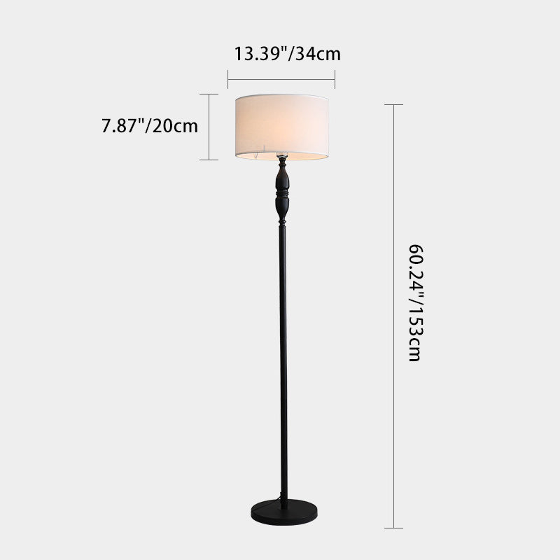 Traditional Vintage Fabric Cylinder Shade Iron Base 1-Light Standing Floor Lamp For Living Room