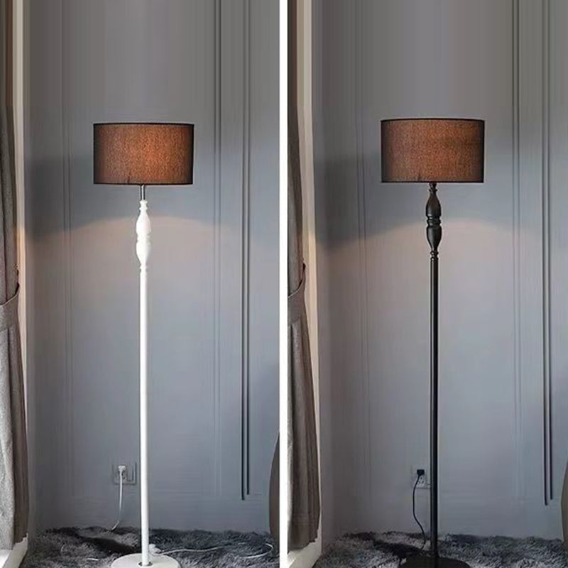 Traditional Vintage Fabric Cylinder Shade Iron Base 1-Light Standing Floor Lamp For Living Room