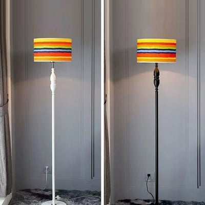 Traditional Vintage Fabric Cylinder Shade Iron Base 1-Light Standing Floor Lamp For Living Room