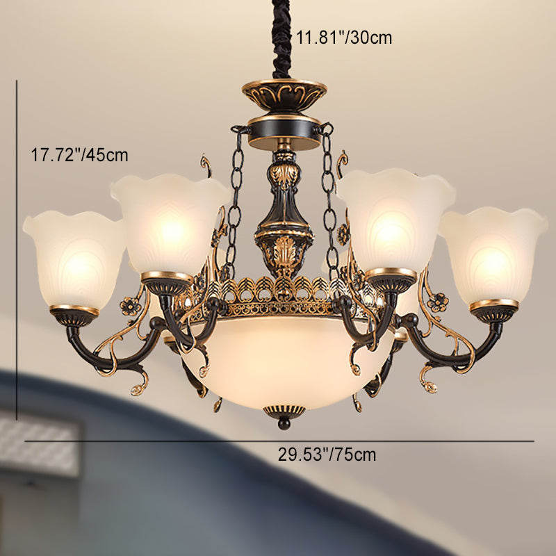 Traditioneller europäischer Eisenvergoldeter Schnitzerei Tulpen-Glasschirm 6/8-Licht Kronleuchter für das Wohnzimmer 