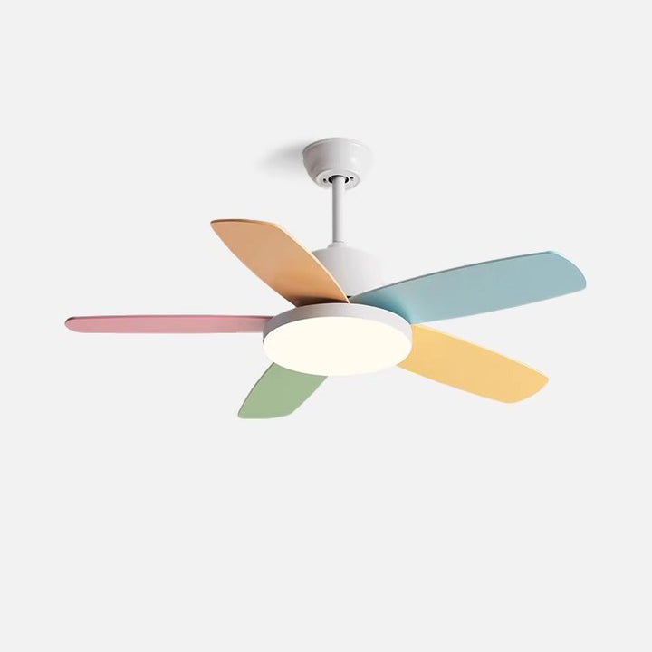 Zeitgenössischer skandinavischer Macaron-Kohlenstoffstahl-Holzventilatorflügel LED-Deckenventilatorleuchte für Wohnzimmer 