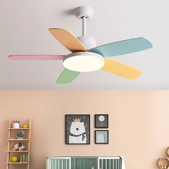 Ventilador de techo con luz LED y aspas de madera de acero al carbono macaron contemporáneo escandinavo para sala de estar 