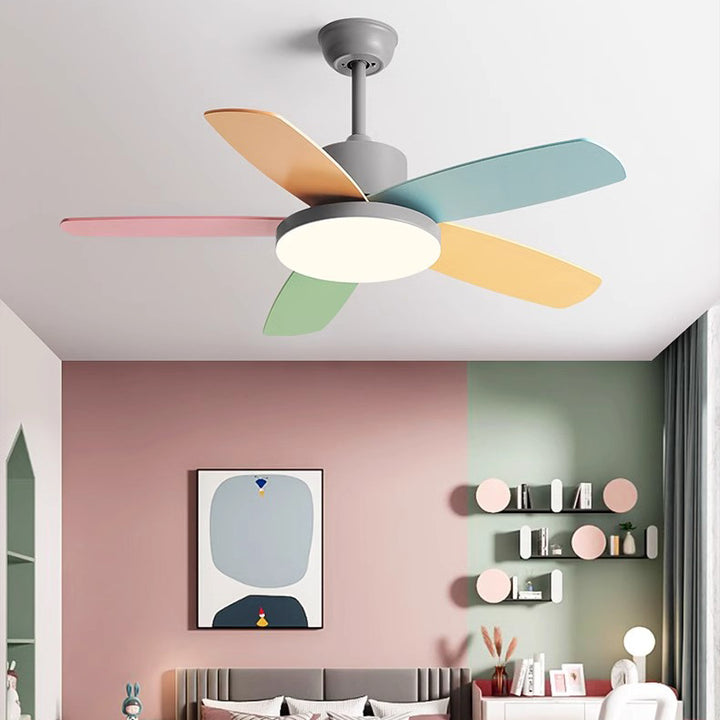 Ventilador de techo con luz LED y aspas de madera de acero al carbono macaron contemporáneo escandinavo para sala de estar 