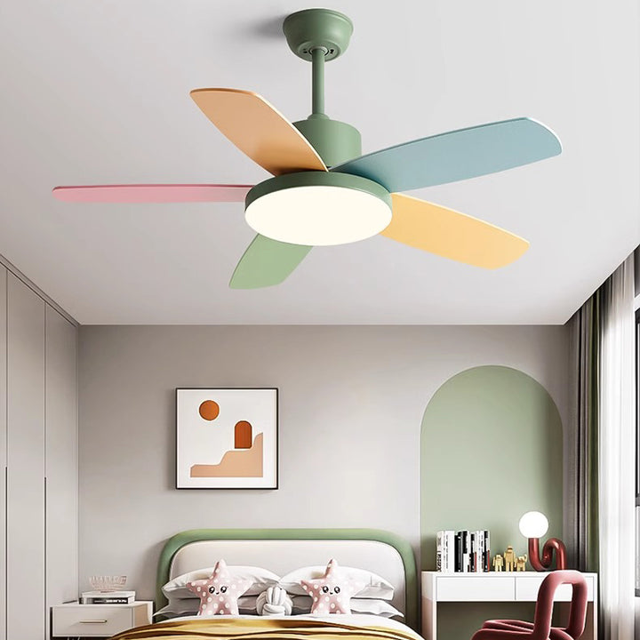 Ventilador de techo con luz LED y aspas de madera de acero al carbono macaron contemporáneo escandinavo para sala de estar 