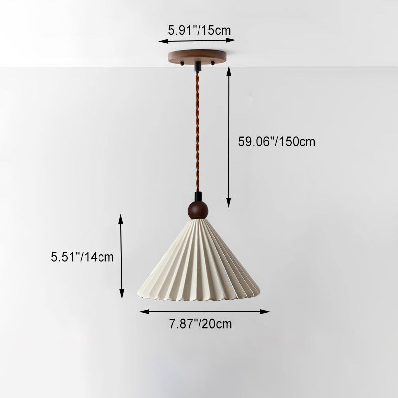 Suspension Luminaire Contemporain Rétro en Bois Massif avec Abat-Jour Conique en Céramique Plissée 1 Lumière pour Chambre 