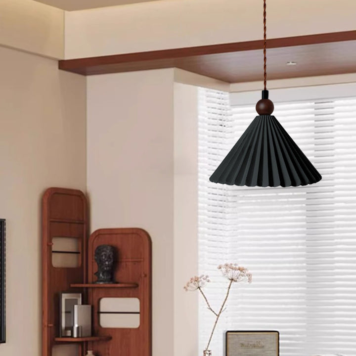 Suspension Luminaire Contemporain Rétro en Bois Massif avec Abat-Jour Conique en Céramique Plissée 1 Lumière pour Chambre 