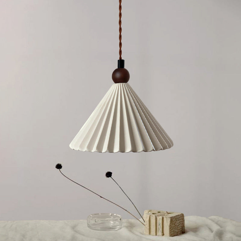 Suspension Luminaire Contemporain Rétro en Bois Massif avec Abat-Jour Conique en Céramique Plissée 1 Lumière pour Chambre 