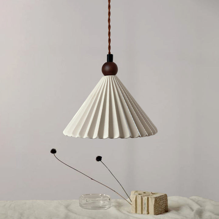 Suspension Luminaire Contemporain Rétro en Bois Massif avec Abat-Jour Conique en Céramique Plissée 1 Lumière pour Chambre 