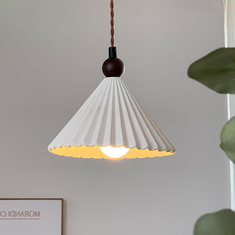 Suspension Luminaire Contemporain Rétro en Bois Massif avec Abat-Jour Conique en Céramique Plissée 1 Lumière pour Chambre 