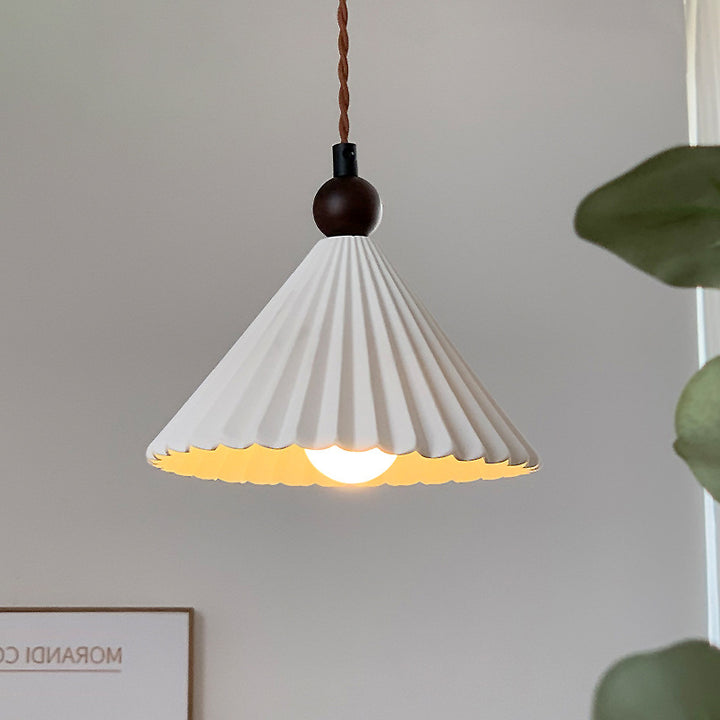 Suspension Luminaire Contemporain Rétro en Bois Massif avec Abat-Jour Conique en Céramique Plissée 1 Lumière pour Chambre 