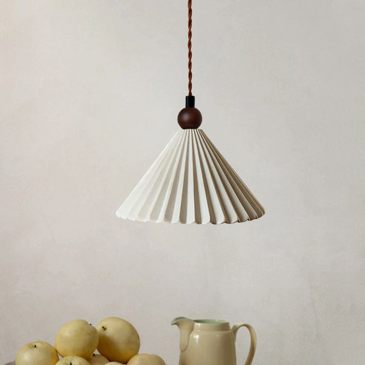 Suspension Luminaire Contemporain Rétro en Bois Massif avec Abat-Jour Conique en Céramique Plissée 1 Lumière pour Chambre 