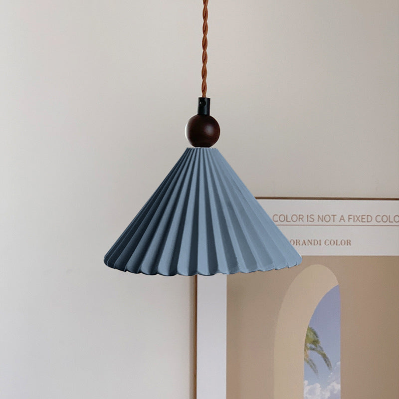 Suspension Luminaire Contemporain Rétro en Bois Massif avec Abat-Jour Conique en Céramique Plissée 1 Lumière pour Chambre 
