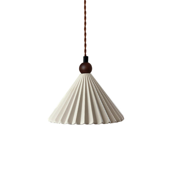 Suspension Luminaire Contemporain Rétro en Bois Massif avec Abat-Jour Conique en Céramique Plissée 1 Lumière pour Chambre 