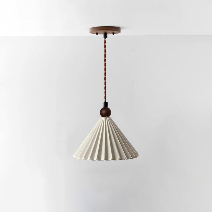 Suspension Luminaire Contemporain Rétro en Bois Massif avec Abat-Jour Conique en Céramique Plissée 1 Lumière pour Chambre 
