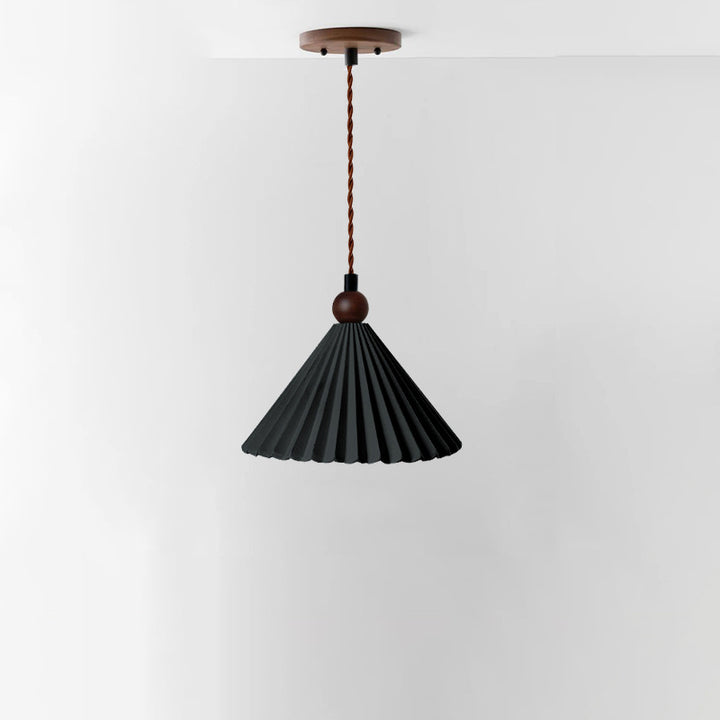Suspension Luminaire Contemporain Rétro en Bois Massif avec Abat-Jour Conique en Céramique Plissée 1 Lumière pour Chambre 