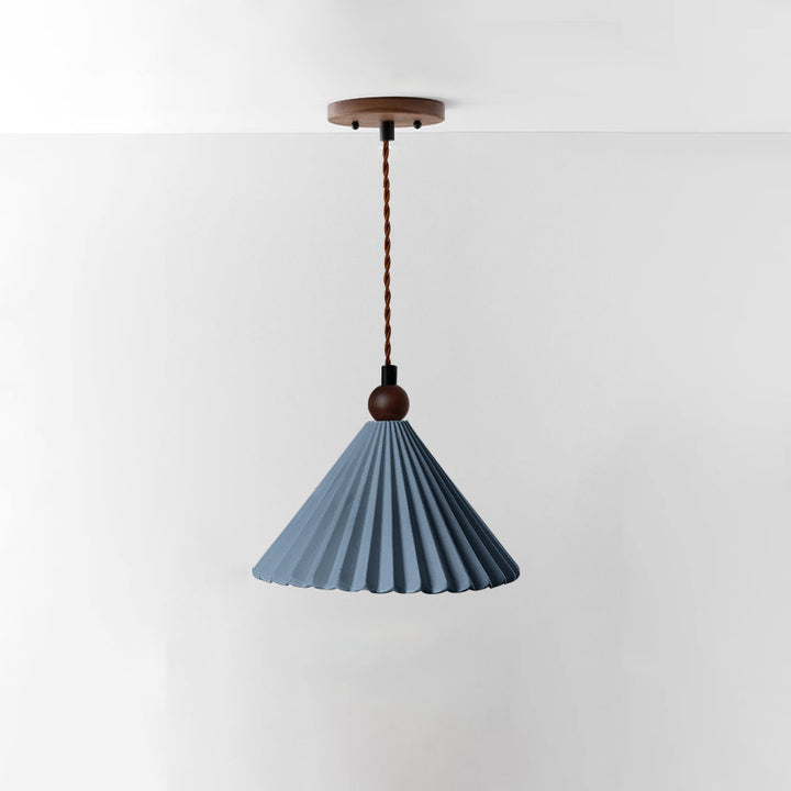 Suspension Luminaire Contemporain Rétro en Bois Massif avec Abat-Jour Conique en Céramique Plissée 1 Lumière pour Chambre 