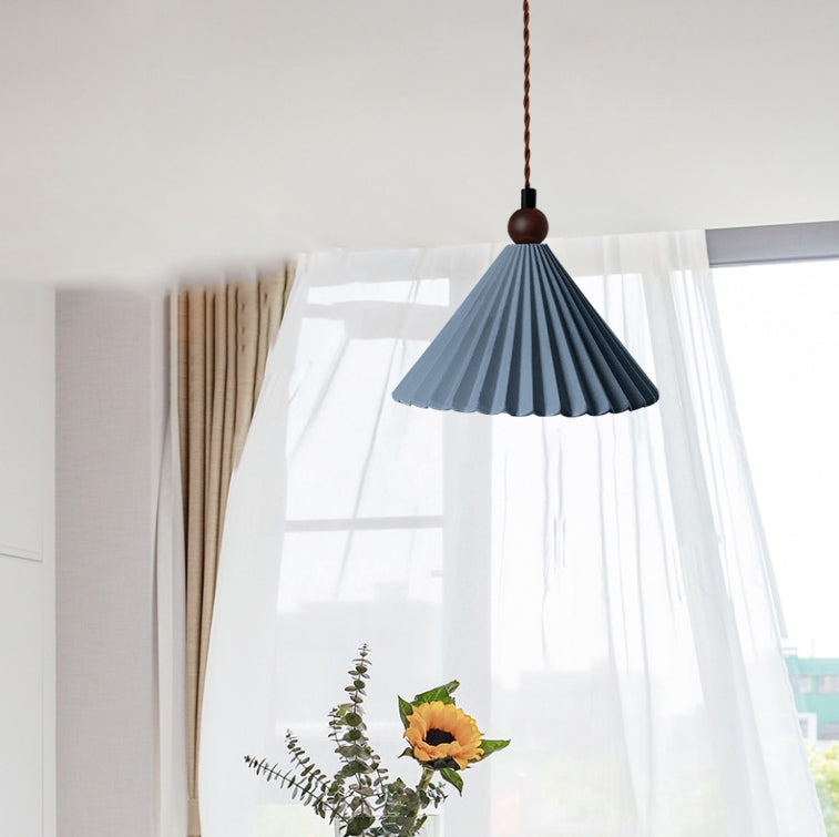 Suspension Luminaire Contemporain Rétro en Bois Massif avec Abat-Jour Conique en Céramique Plissée 1 Lumière pour Chambre 