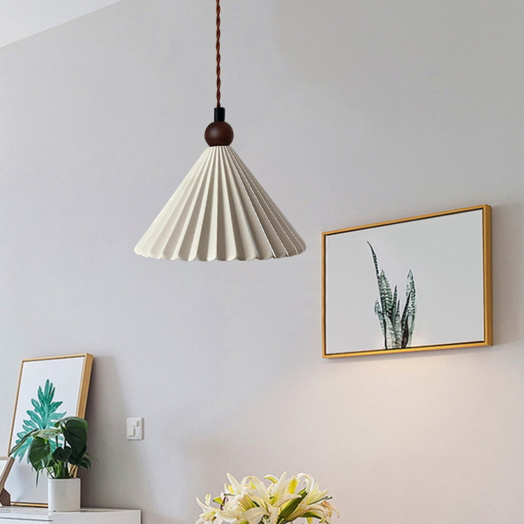 Suspension Luminaire Contemporain Rétro en Bois Massif avec Abat-Jour Conique en Céramique Plissée 1 Lumière pour Chambre 