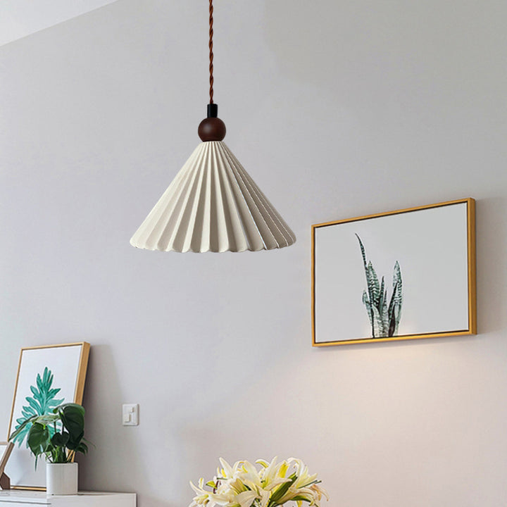 Suspension Luminaire Contemporain Rétro en Bois Massif avec Abat-Jour Conique en Céramique Plissée 1 Lumière pour Chambre 
