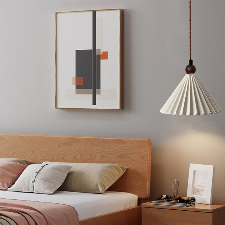 Suspension Luminaire Contemporain Rétro en Bois Massif avec Abat-Jour Conique en Céramique Plissée 1 Lumière pour Chambre 