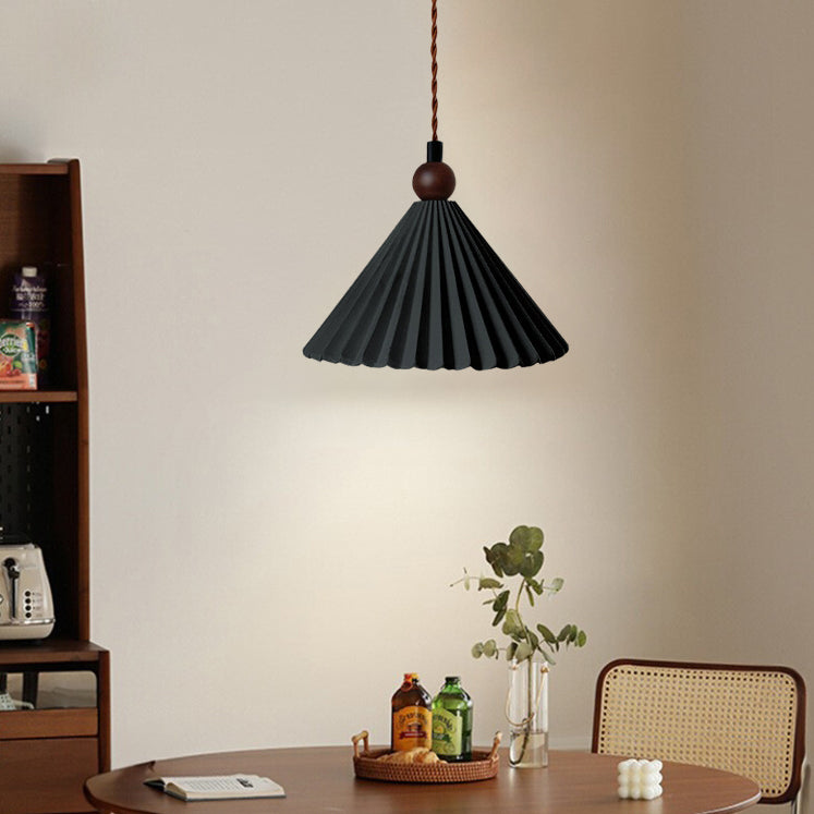 Suspension Luminaire Contemporain Rétro en Bois Massif avec Abat-Jour Conique en Céramique Plissée 1 Lumière pour Chambre 