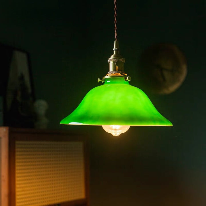 Traditional Vintage Iron Copper Glass Round Shade 1-Light Pendant Light For Bedroom