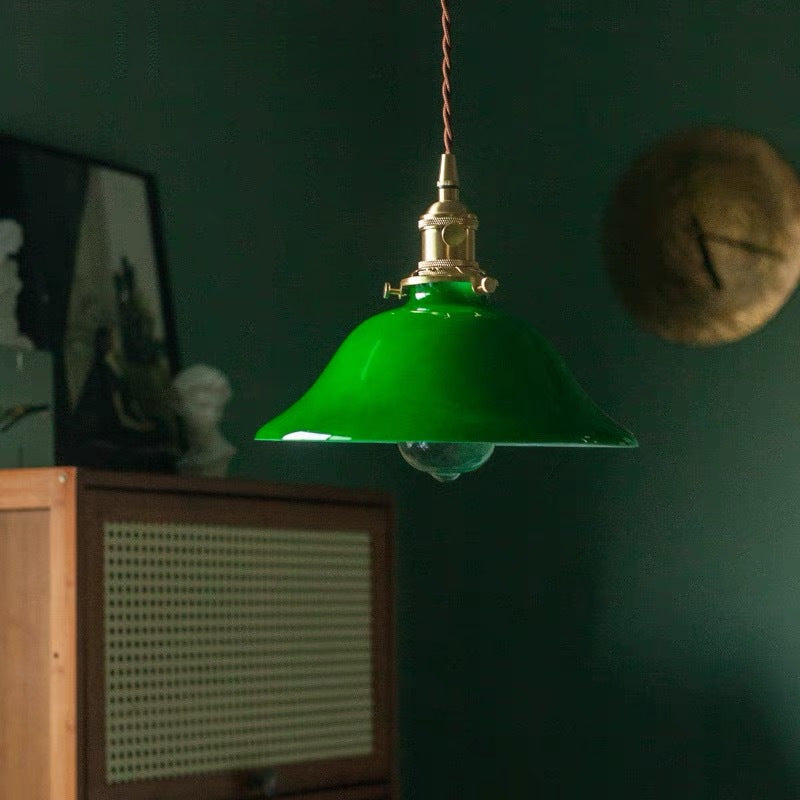 Traditional Vintage Iron Copper Glass Round Shade 1-Light Pendant Light For Bedroom