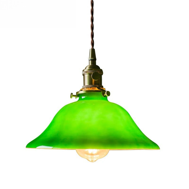 Traditional Vintage Iron Copper Glass Round Shade 1-Light Pendant Light For Bedroom