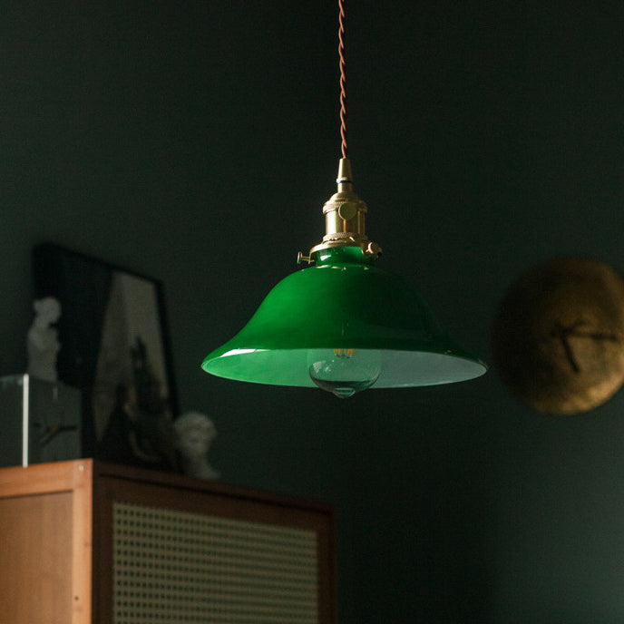 Traditional Vintage Iron Copper Glass Round Shade 1-Light Pendant Light For Bedroom
