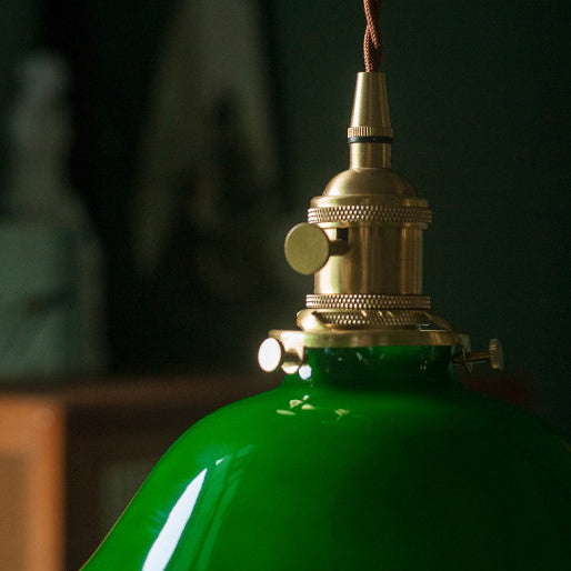 Traditional Vintage Iron Copper Glass Round Shade 1-Light Pendant Light For Bedroom