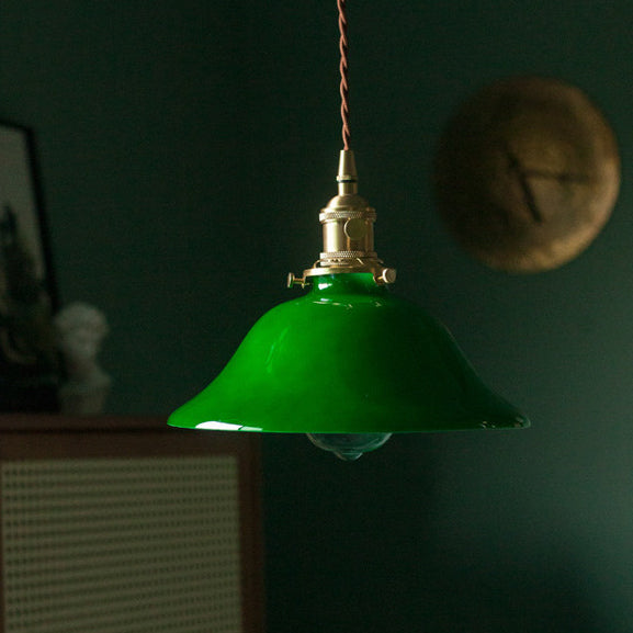 Traditional Vintage Iron Copper Glass Round Shade 1-Light Pendant Light For Bedroom