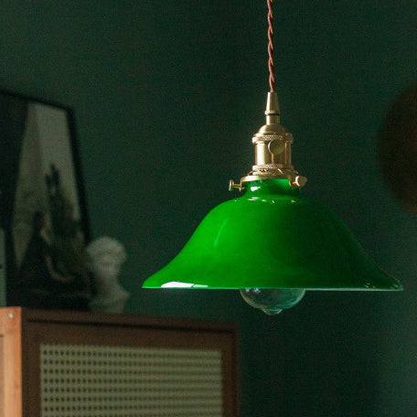 Traditional Vintage Iron Copper Glass Round Shade 1-Light Pendant Light For Bedroom