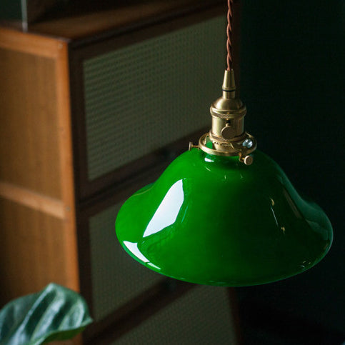 Traditional Vintage Iron Copper Glass Round Shade 1-Light Pendant Light For Bedroom