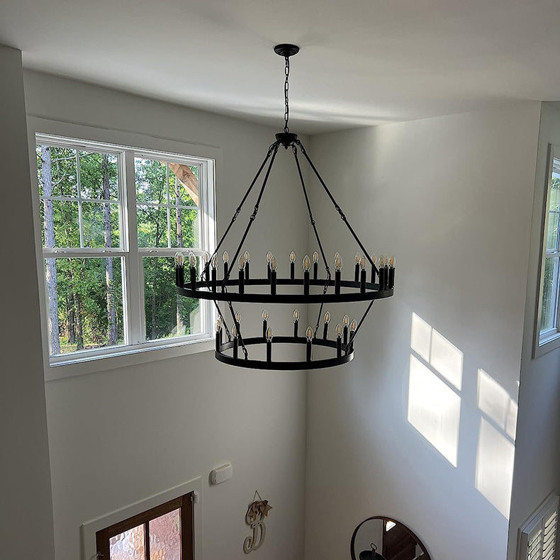 Araña de luces de hierro en forma de círculo con vidrio de 20/36 luces para comedor estilo casa de campo tradicional 