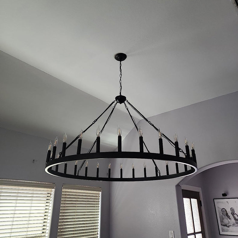 Araña de luces de hierro en forma de círculo con vidrio de 20/36 luces para comedor estilo casa de campo tradicional 