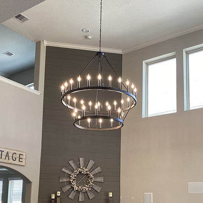 Araña de luces de hierro en forma de círculo con vidrio de 20/36 luces para comedor estilo casa de campo tradicional 