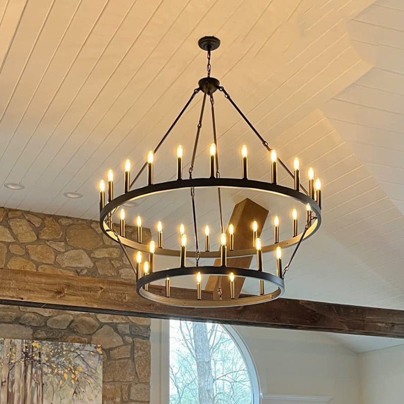 Araña de luces de hierro en forma de círculo con vidrio de 20/36 luces para comedor estilo casa de campo tradicional 