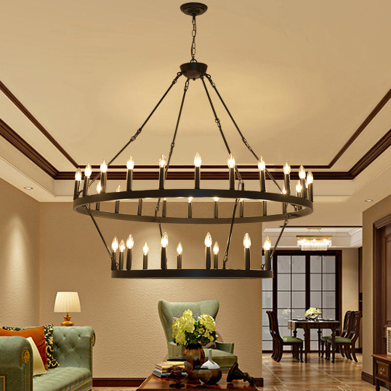 Araña de luces de hierro en forma de círculo con vidrio de 20/36 luces para comedor estilo casa de campo tradicional 