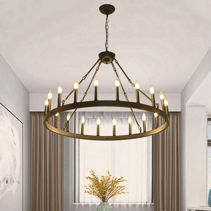 Araña de luces de hierro en forma de círculo con vidrio de 20/36 luces para comedor estilo casa de campo tradicional 
