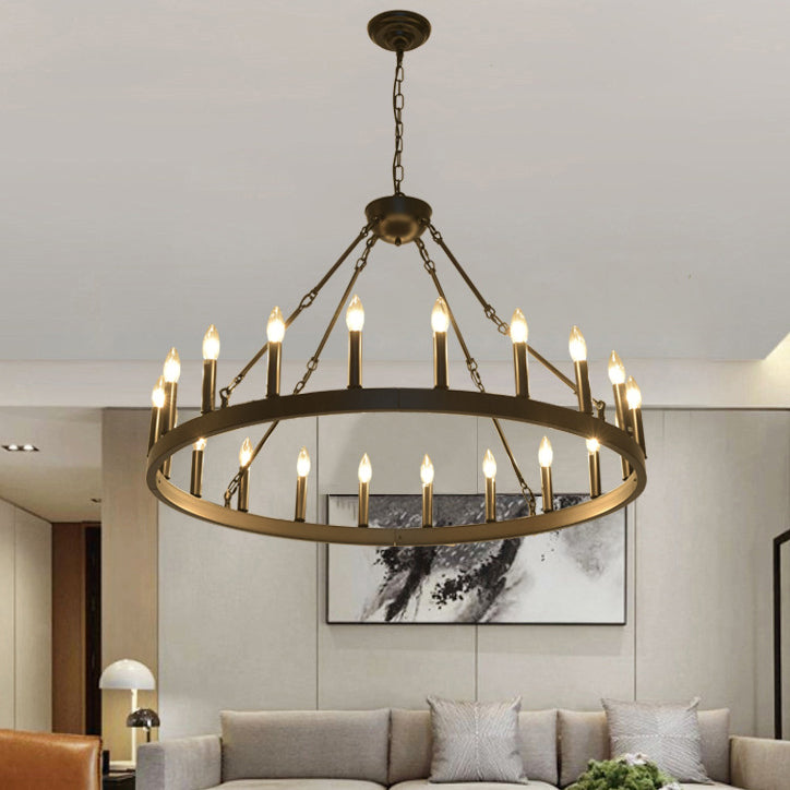 Araña de luces de hierro en forma de círculo con vidrio de 20/36 luces para comedor estilo casa de campo tradicional 