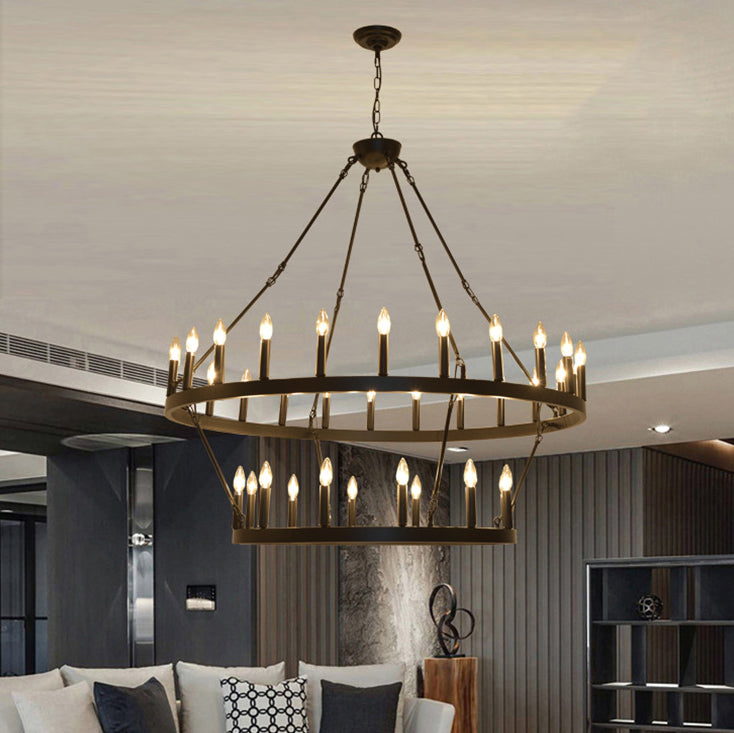 Araña de luces de hierro en forma de círculo con vidrio de 20/36 luces para comedor estilo casa de campo tradicional 
