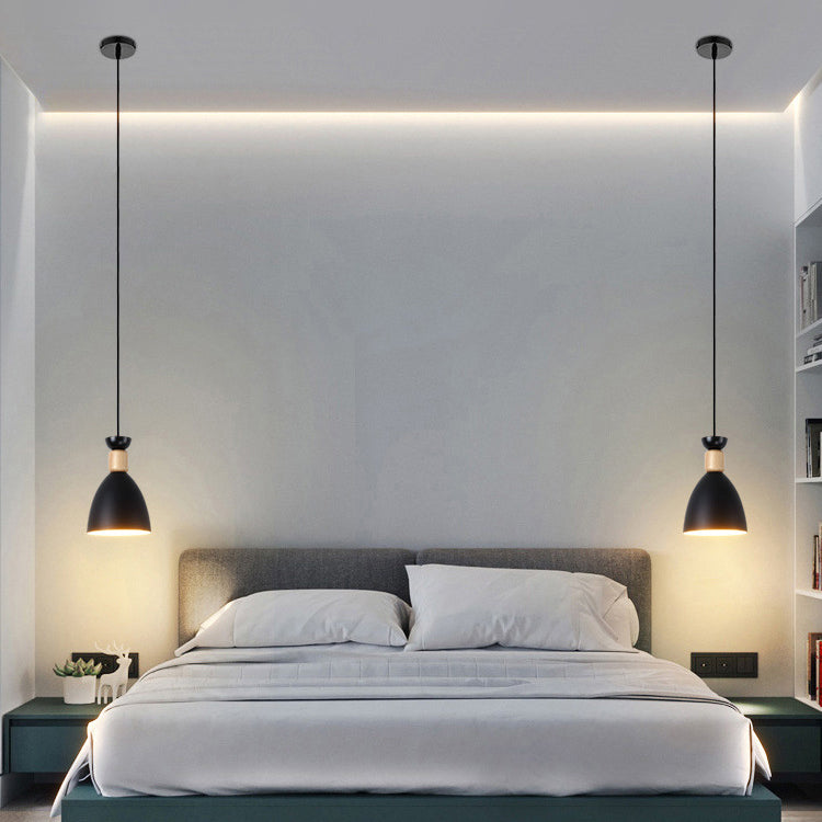 Suspension lumineuse contemporaine scandinave macaron géométrique ronde en bois et fer à 1 lumière pour chambre 