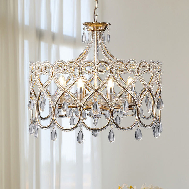 Lámpara de araña de 6/8 luces con marco de corazón de hierro tradicional francés y decoración de cristal para comedor 